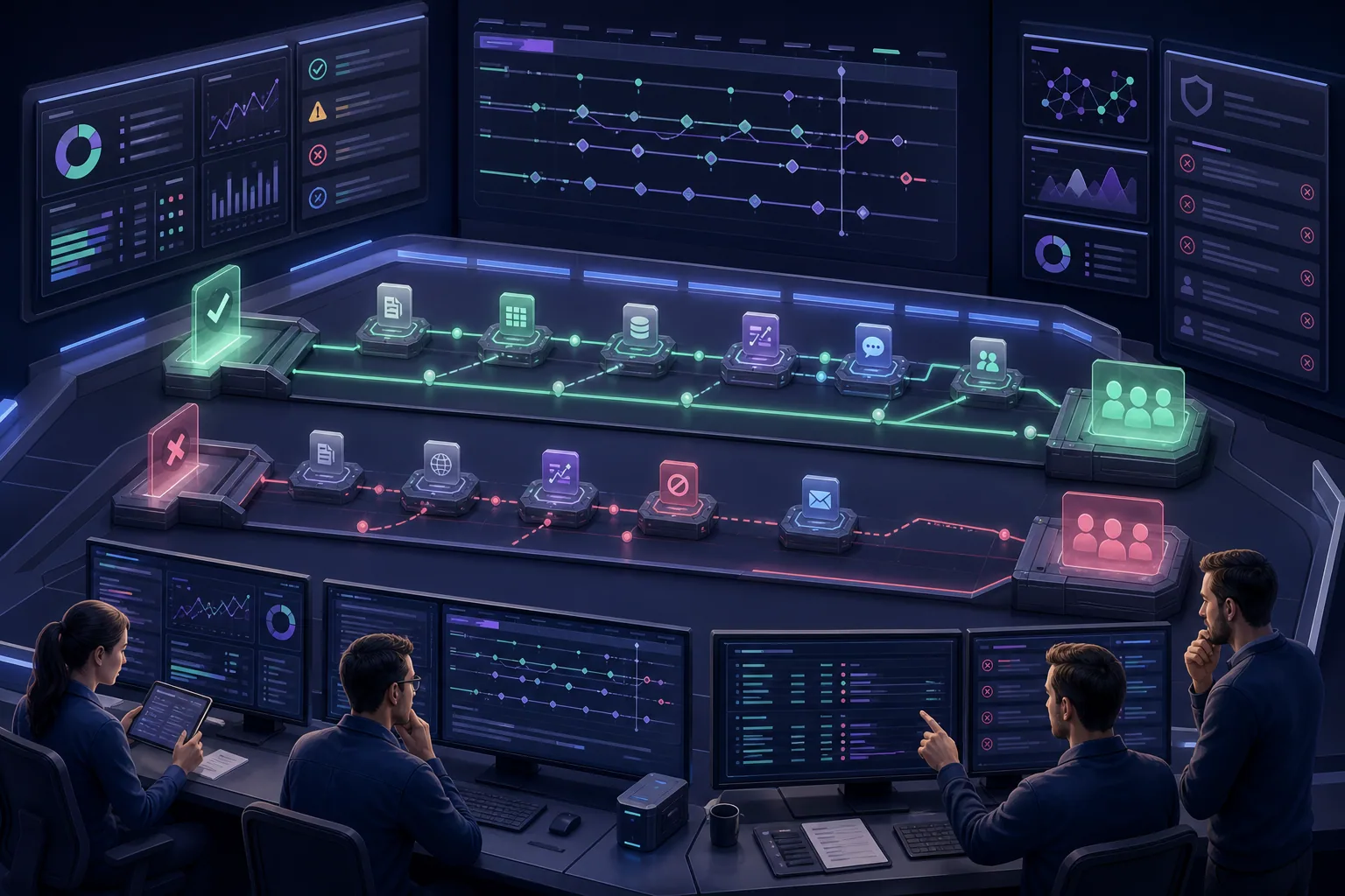 Evaluation team comparing successful and failed AI agent workflow traces across controlled scenarios