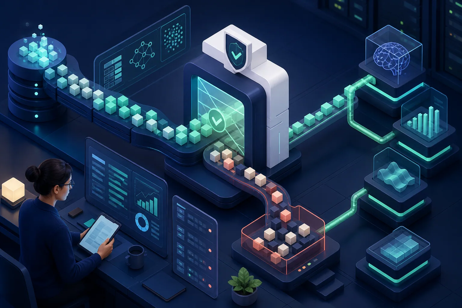 A data contract gate validating changing source records before protected AI and analytics consumers