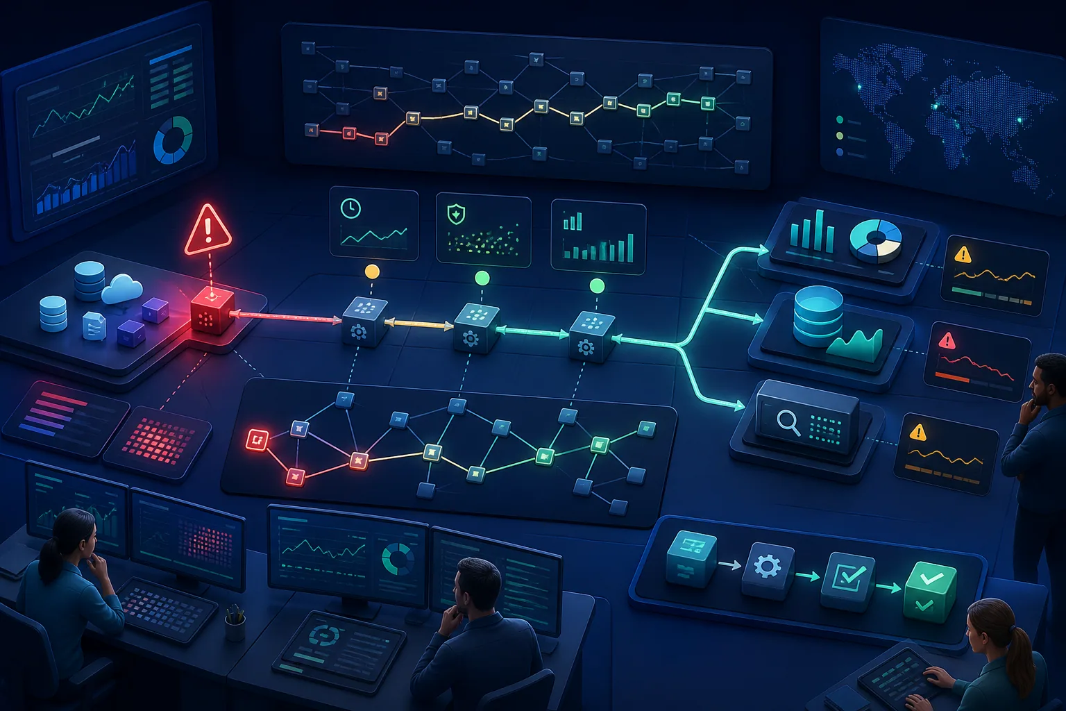 Data operations team tracing an AI pipeline incident through quality signals and lineage to its source