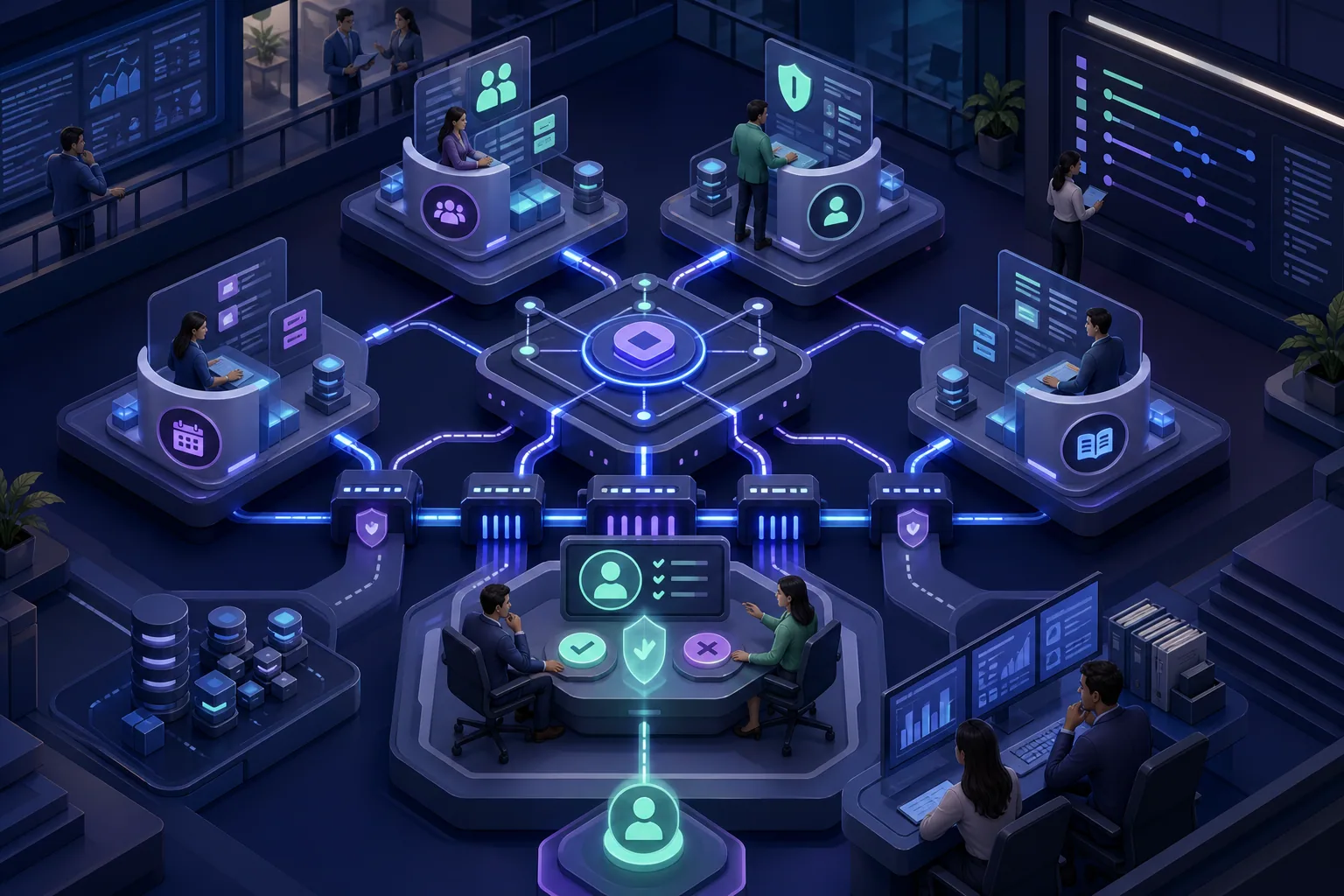 Specialist AI workflow roles connected to governed enterprise systems with a human approval checkpoint