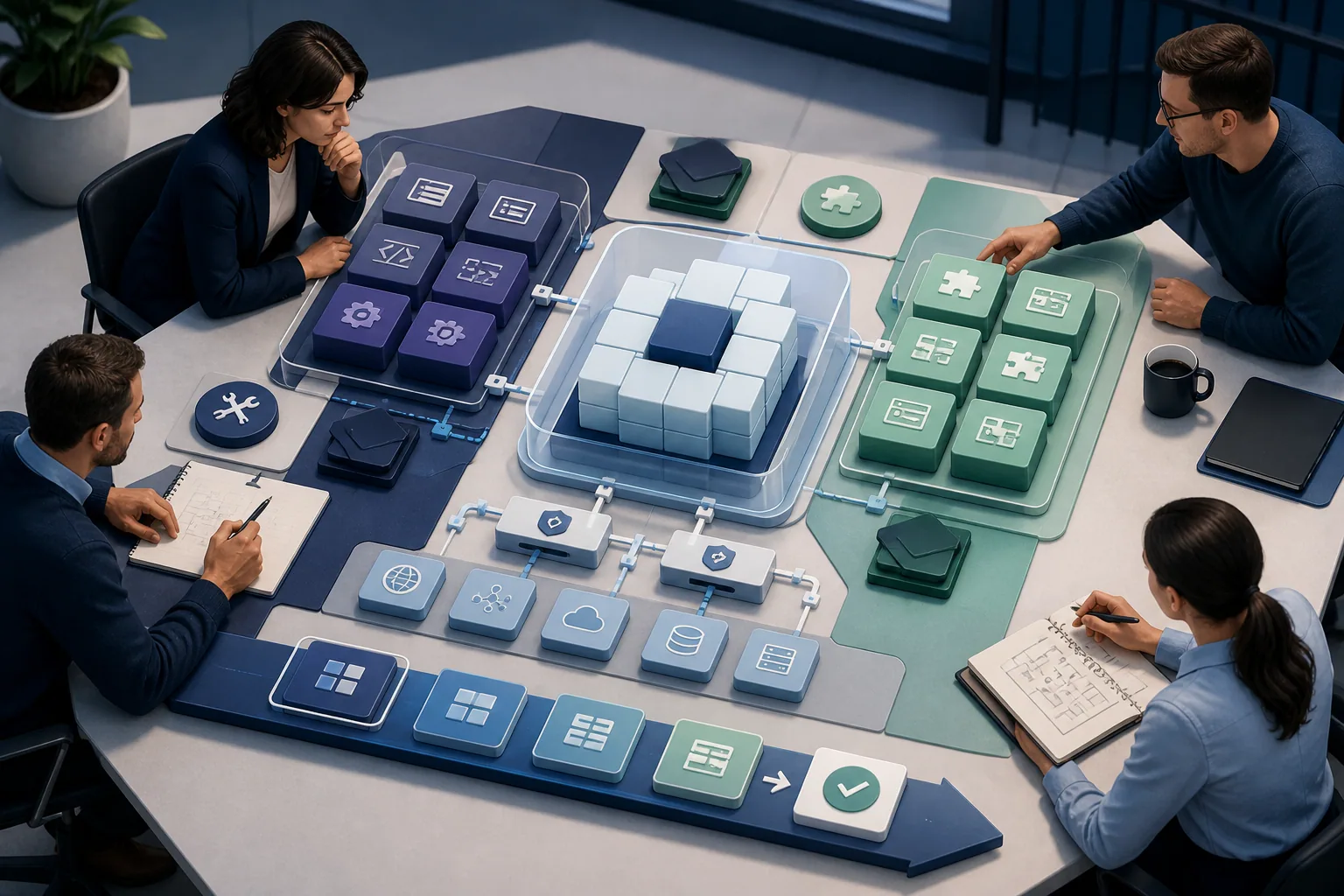 Architecture team classifying extensions around a protected enterprise software core