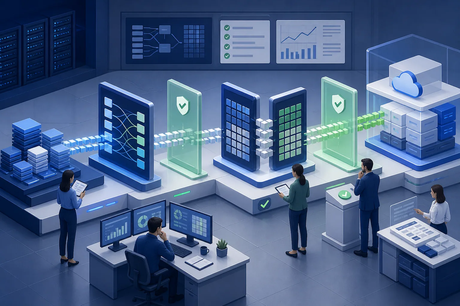 Enterprise data passing through mapping validation and reconciliation gates during a migration rehearsal