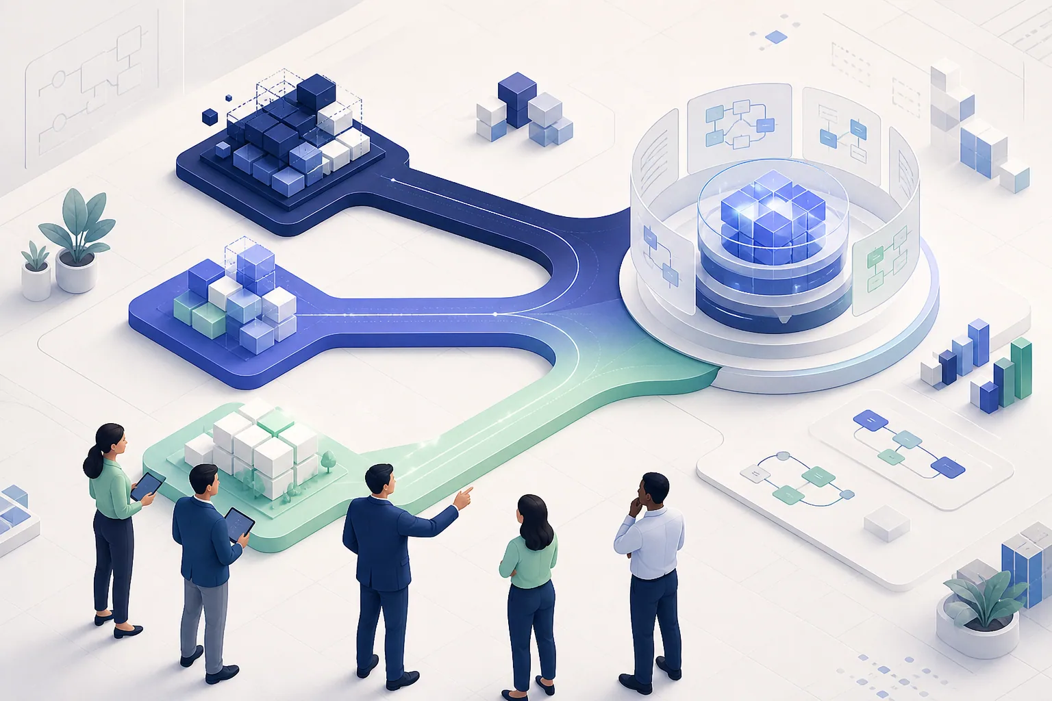 Enterprise team comparing three controlled migration paths into a modern ERP core