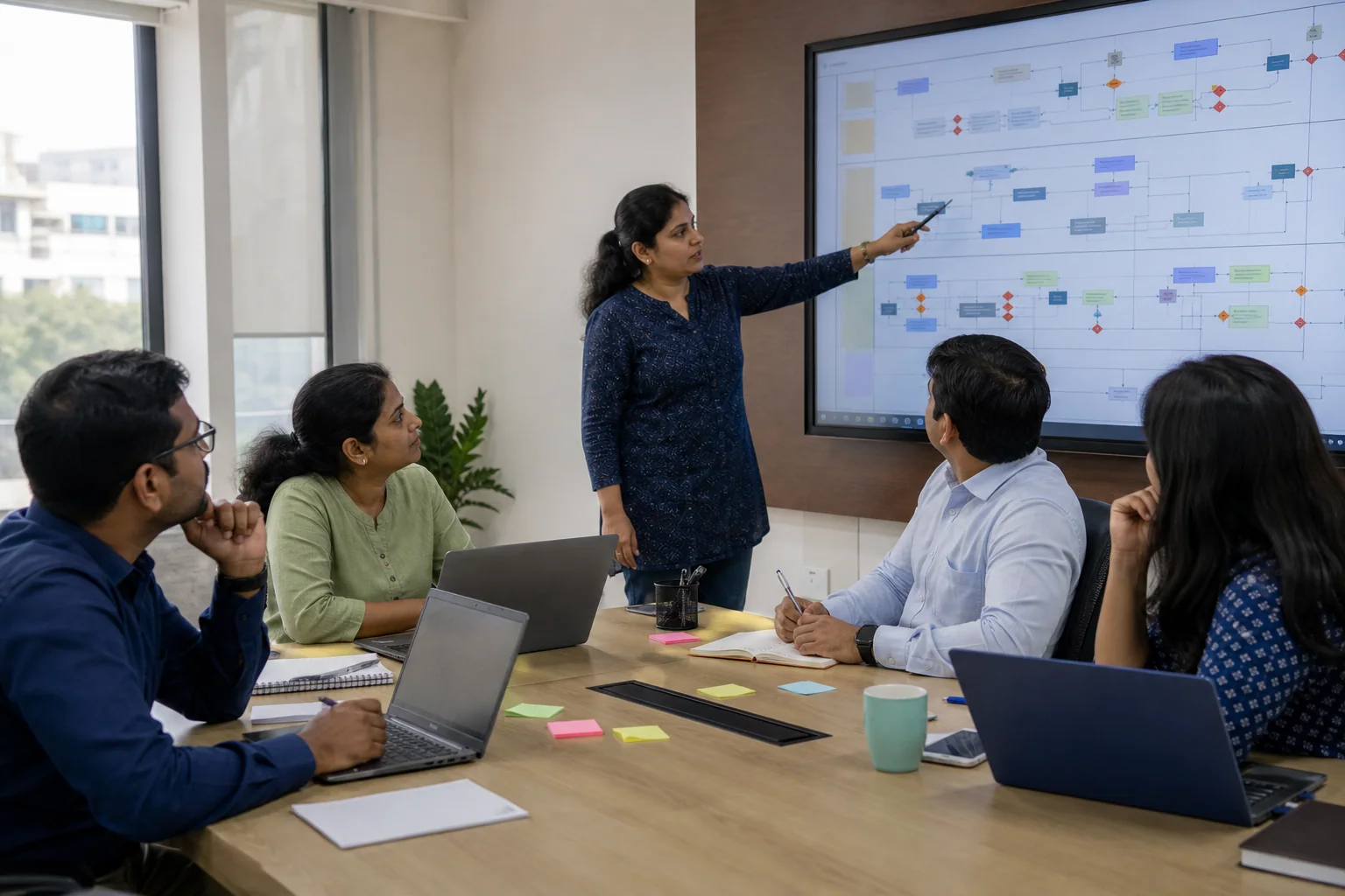 Instructor and SAP professionals reviewing an S/4HANA migration plan in a live classroom